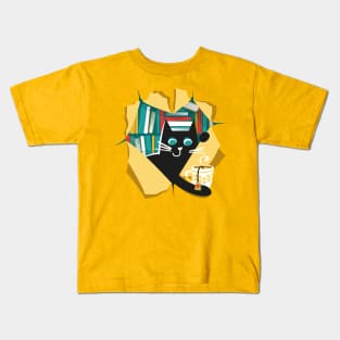 Bookish cat // black cat with tea mug teal neon red white and yellow books Kids T-Shirt